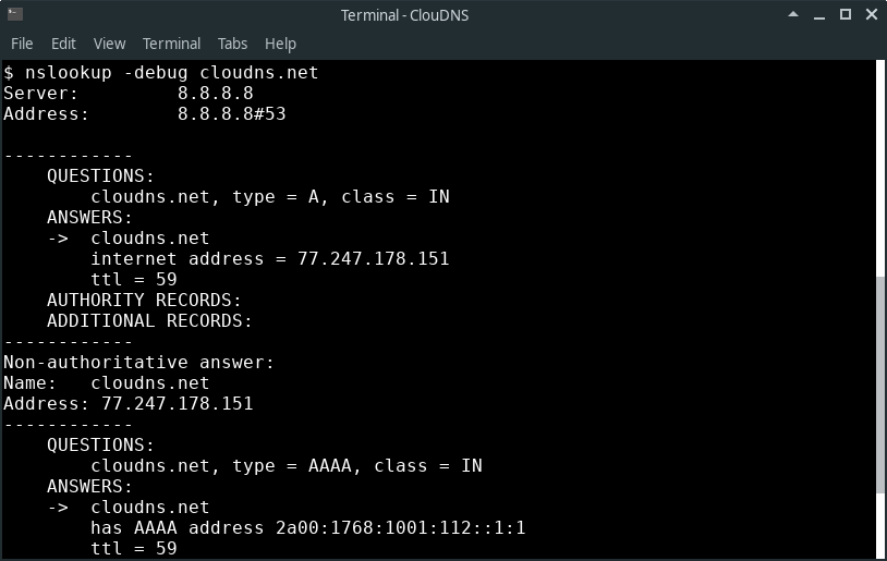 Command line: $ nslookup -debug