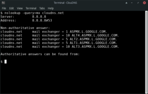 Command line: $ nslookup -query=mx example.com